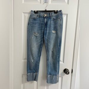 ZARA (2) Distressed Mom Jeans w/ Beaded Bejewelled Raw Hem Cuffs Medium Blue